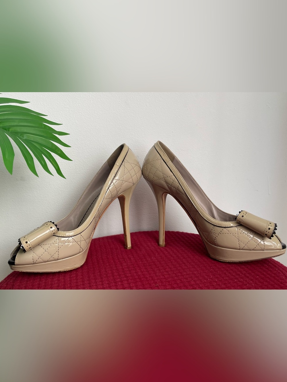 Dior Cream Peep-Toe Pumps with Black Patent Bow Accent